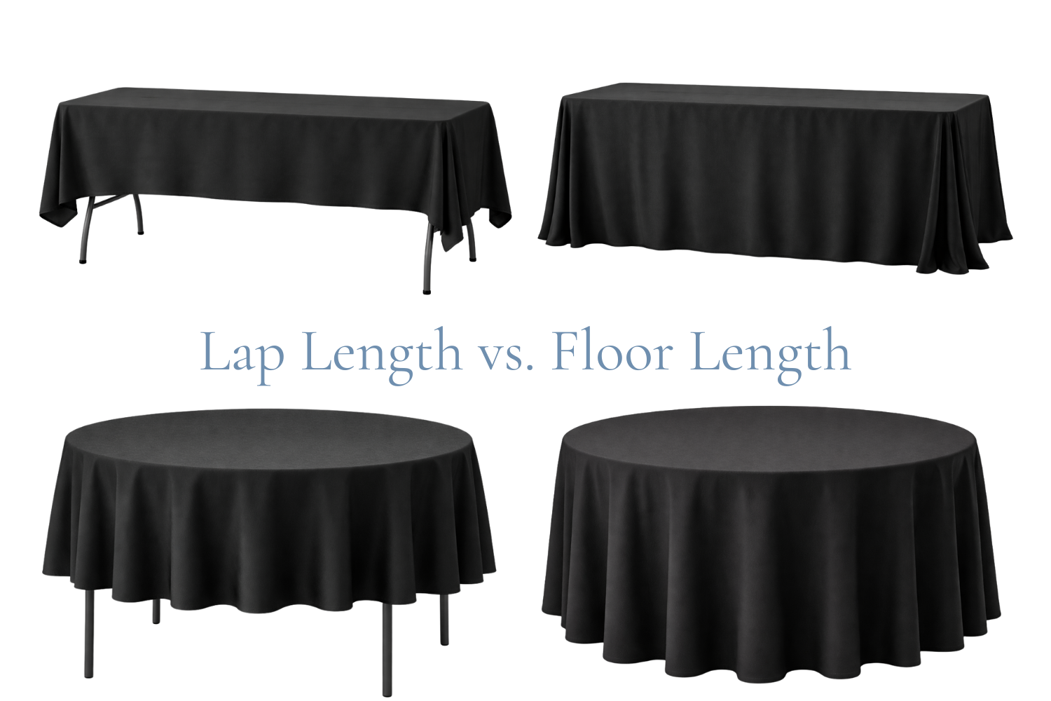 Round table linens in various lengths for event rentals