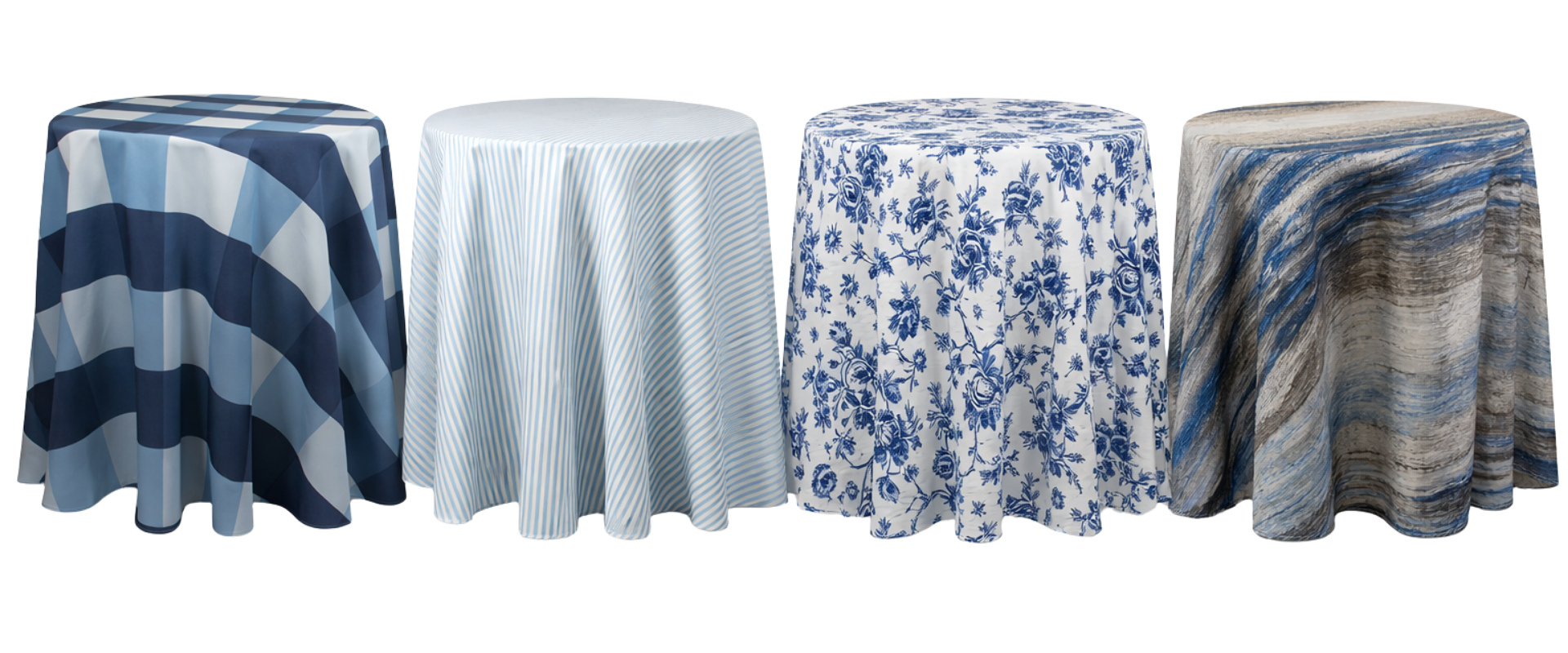Variety of table linens in blue and white patterns for event rentals.