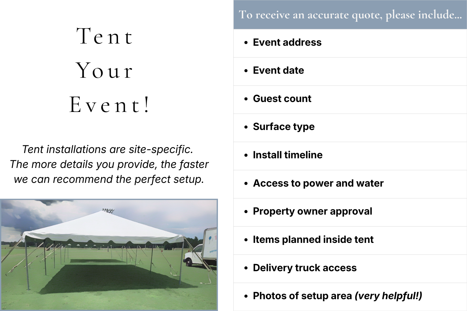 White tent rental for events in Little Rock, AR, with green lawn and sky background.